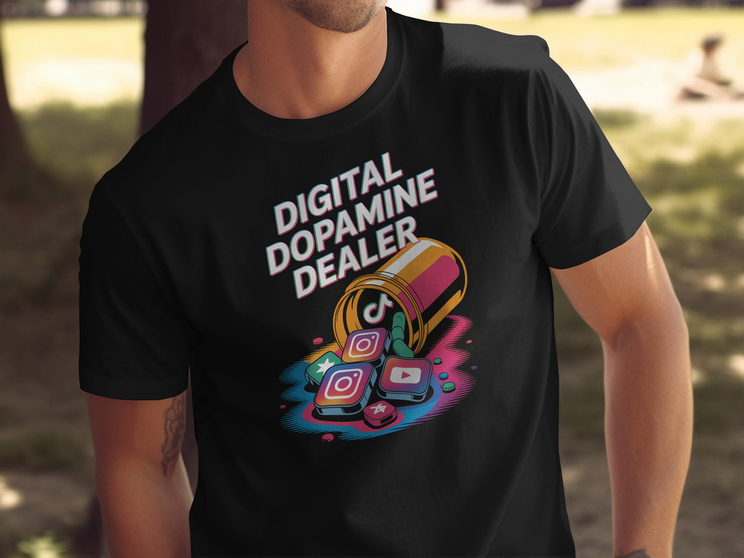 digital dopamine dealer t-shirt with pill bottle spilling app tiles — men’s graphic tee