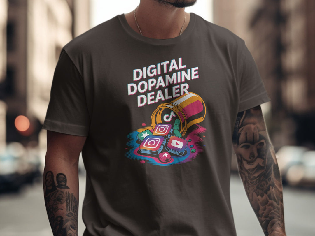 digital dopamine dealer t-shirt with pill bottle spilling app tiles — men’s graphic tee