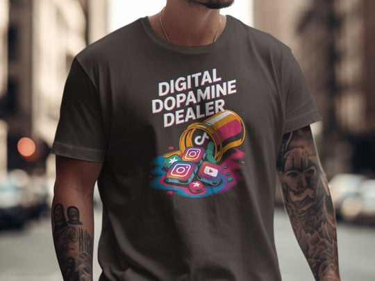 digital dopamine dealer t-shirt with pill bottle spilling app tiles — men’s graphic tee
