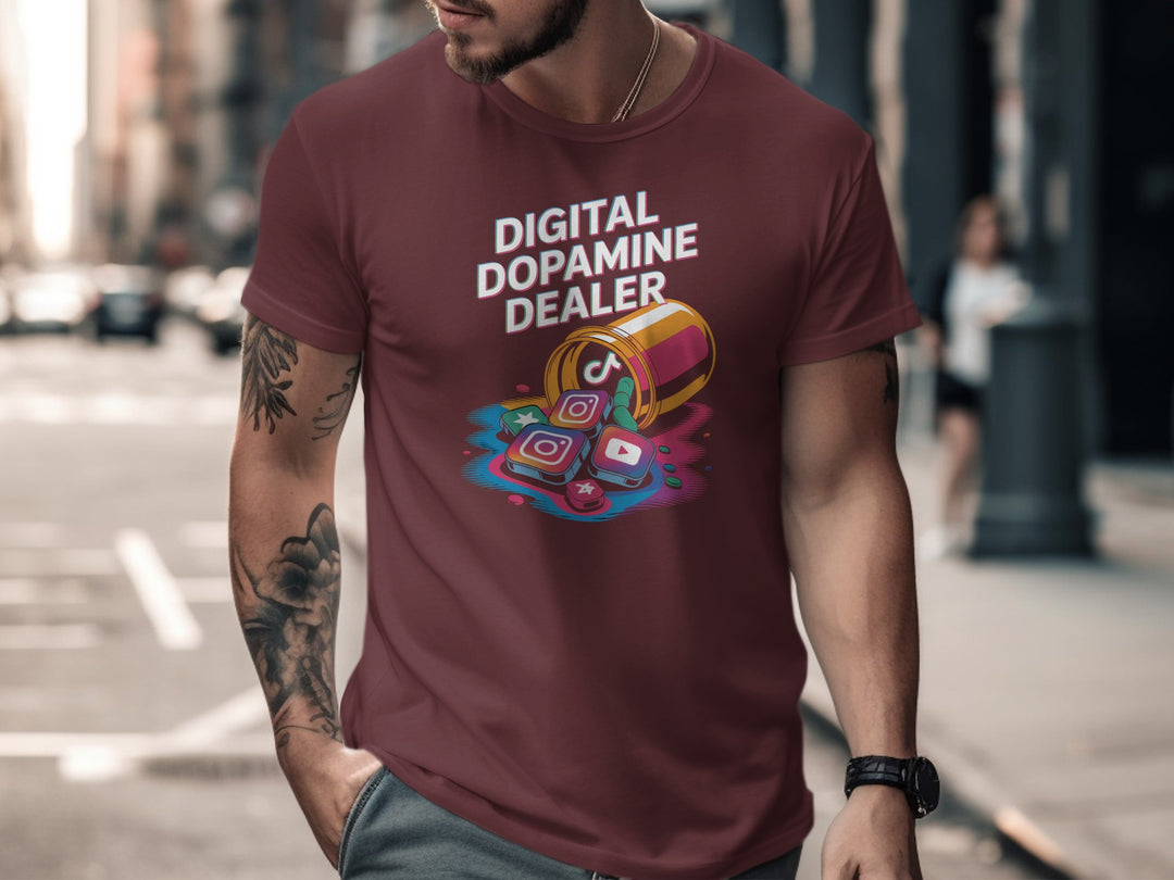 digital dopamine dealer t-shirt with pill bottle spilling app tiles — men’s graphic tee