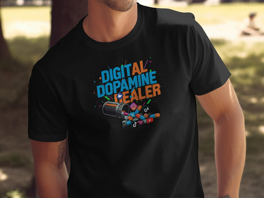 digital dopamine dealer t-shirt with pill bottle and app icons — men’s tee