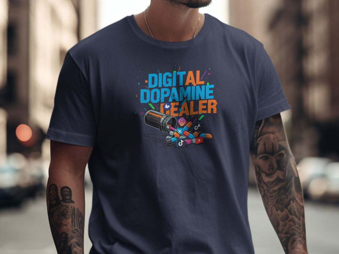 digital dopamine dealer t-shirt with pill bottle and app icons — men’s tee