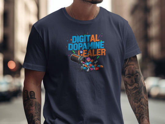 digital dopamine dealer t-shirt with pill bottle and app icons — men’s tee