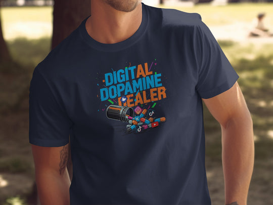 digital dopamine dealer t-shirt with pill bottle and app icons — men’s tee