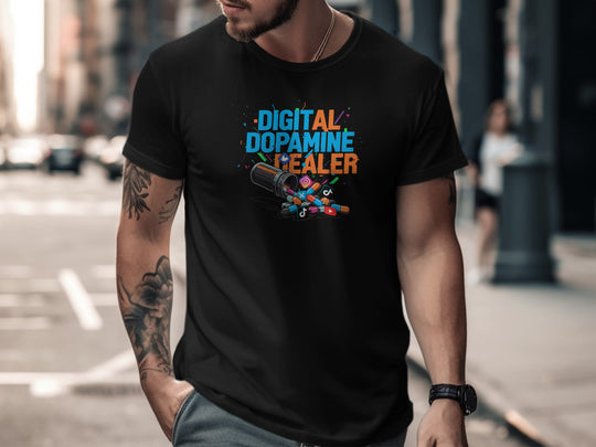 digital dopamine dealer t-shirt with pill bottle and app icons — men’s tee