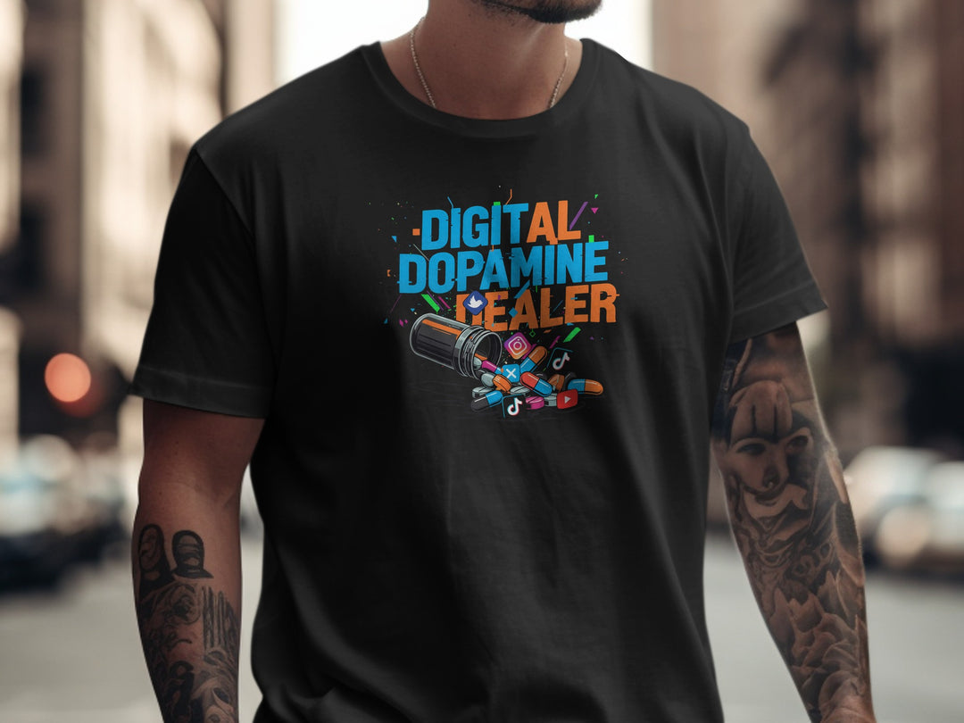 digital dopamine dealer t-shirt with pill bottle and app icons — men’s tee