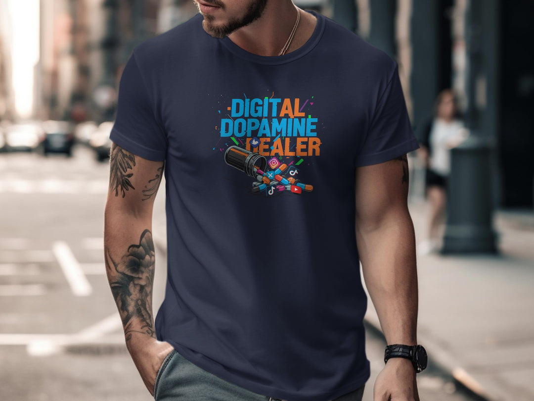 digital dopamine dealer t-shirt with pill bottle and app icons — men’s tee