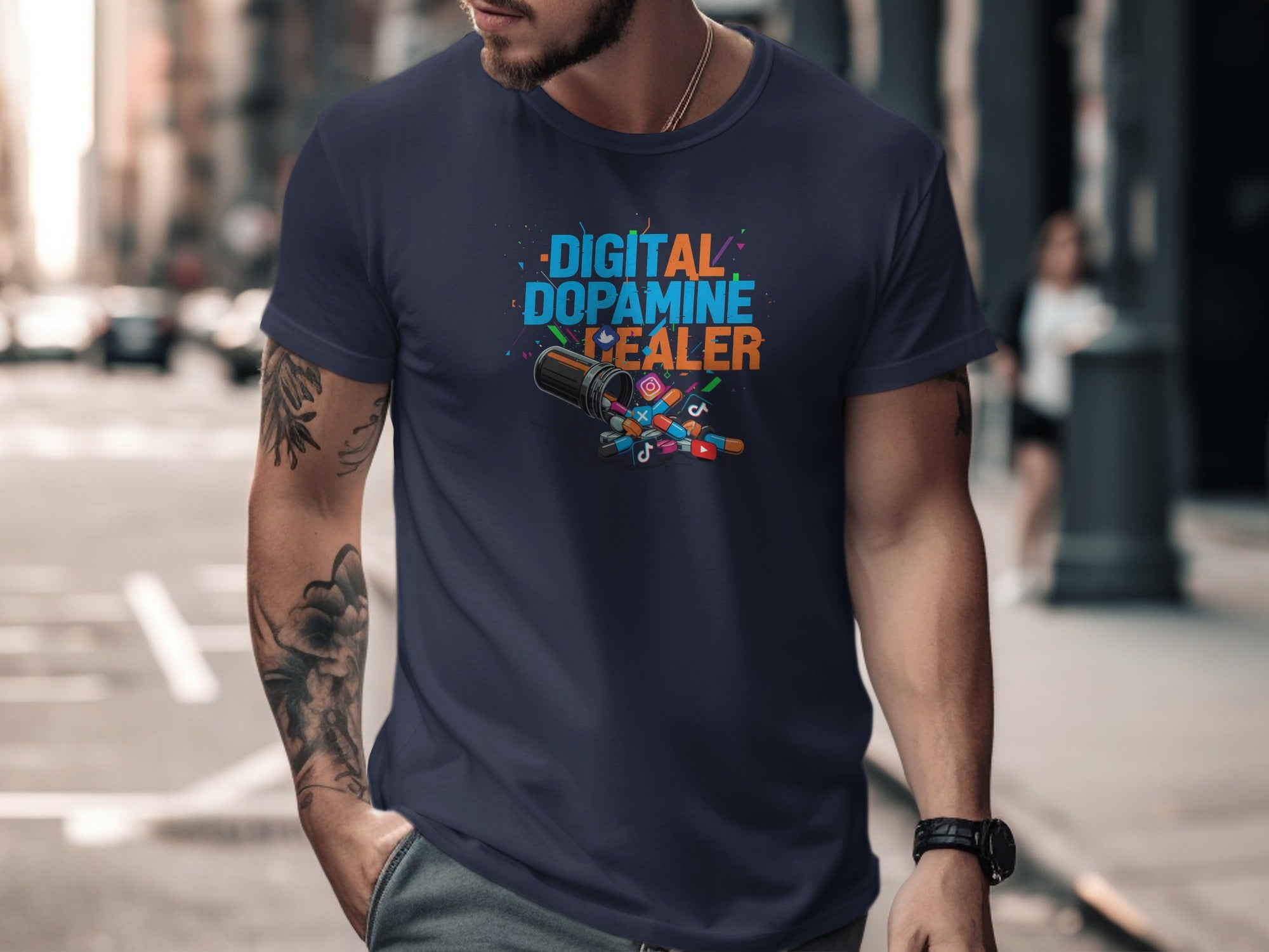digital dopamine dealer t-shirt with pill bottle and app icons — men’s tee