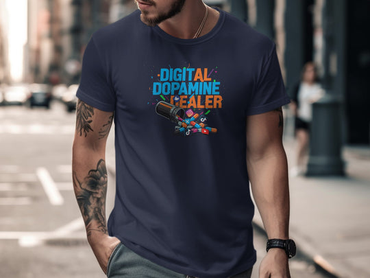 digital dopamine dealer t-shirt with pill bottle and app icons — men’s tee