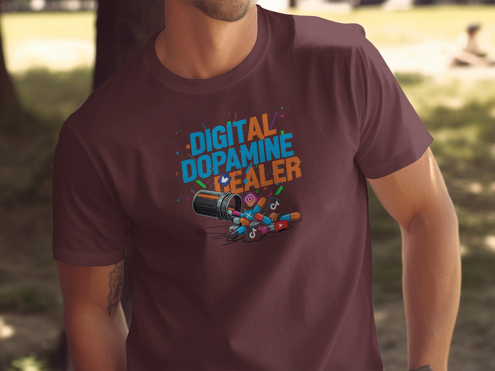 digital dopamine dealer t-shirt with pill bottle and app icons — men’s tee
