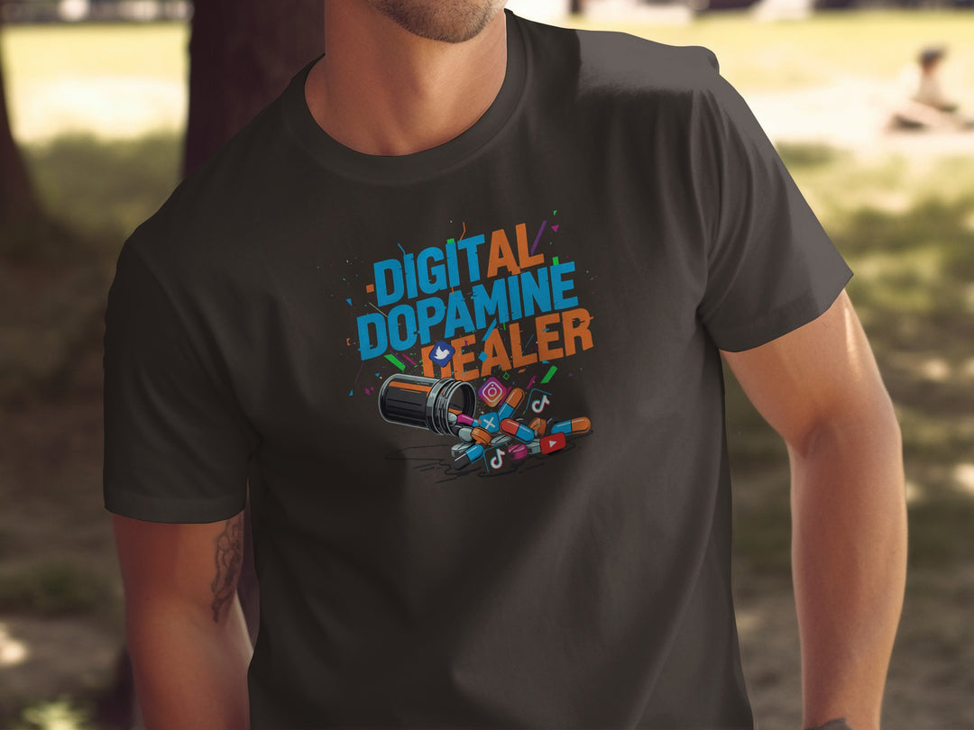 digital dopamine dealer t-shirt with pill bottle and app icons — men’s tee