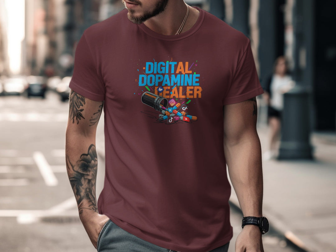 digital dopamine dealer t-shirt with pill bottle and app icons — men’s tee