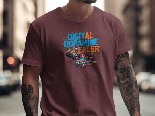 digital dopamine dealer t-shirt with pill bottle and app icons — men’s tee