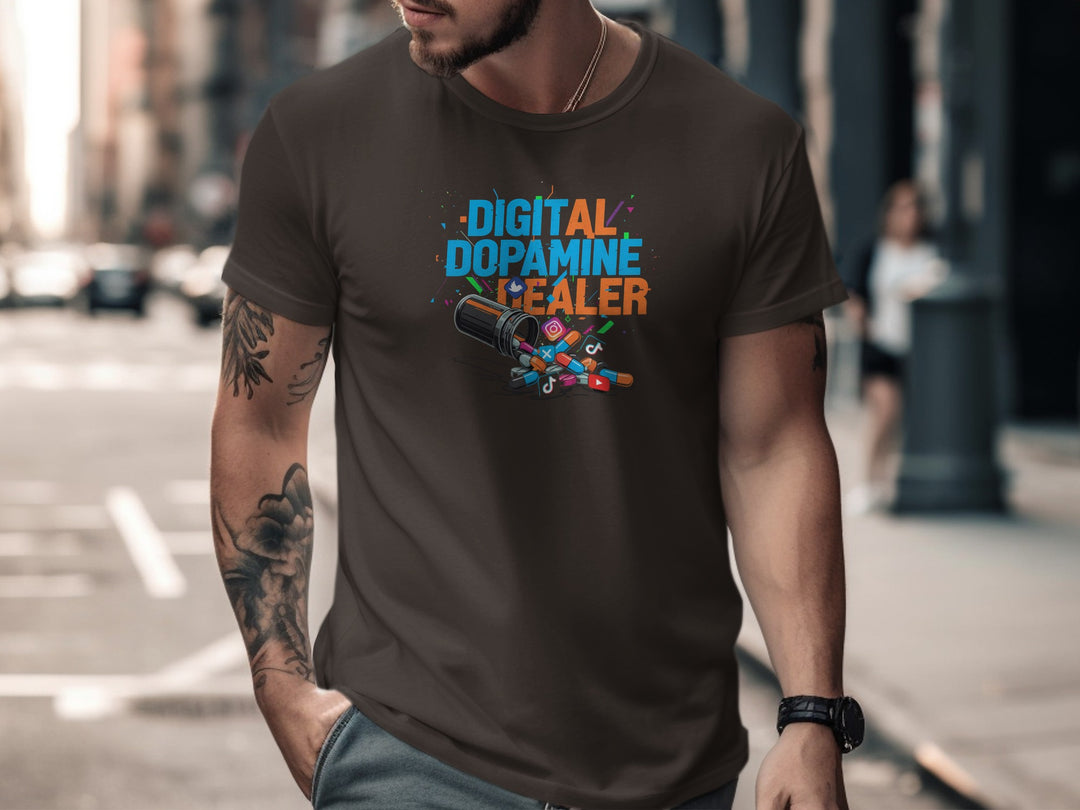 digital dopamine dealer t-shirt with pill bottle and app icons — men’s tee