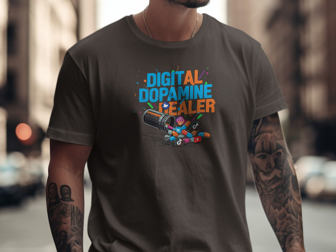 digital dopamine dealer t-shirt with pill bottle and app icons — men’s tee