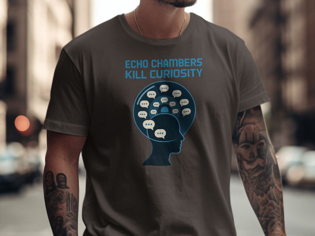 echo chambers kill curiosity design with chat bubbles — men’s t-shirt