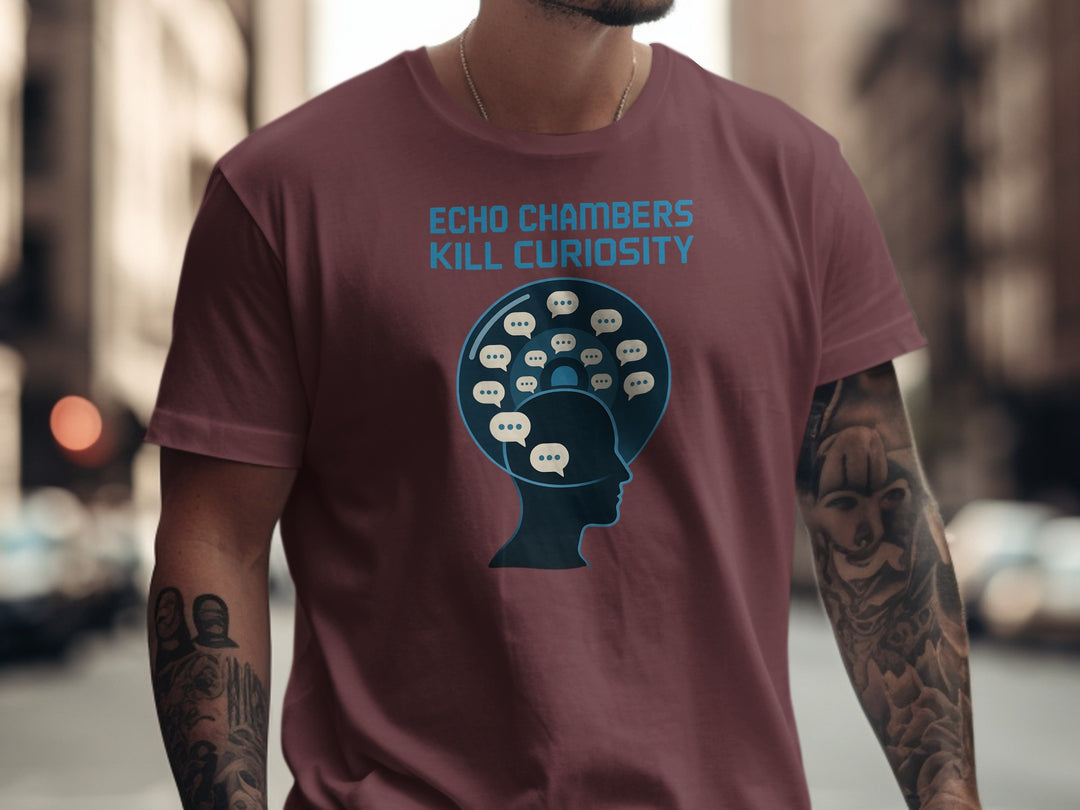 echo chambers kill curiosity design with chat bubbles — men’s t-shirt