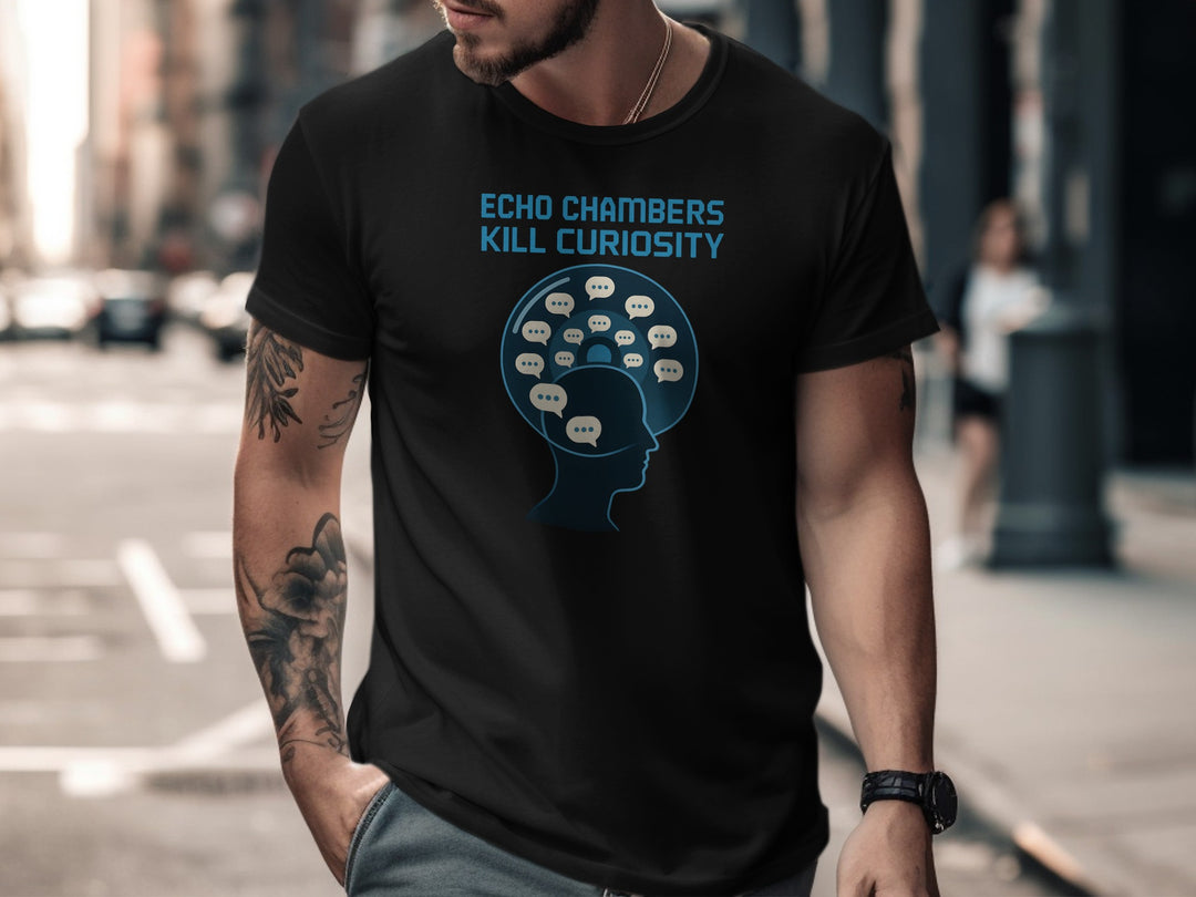 echo chambers kill curiosity design with chat bubbles — men’s t-shirt