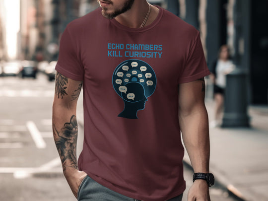 echo chambers kill curiosity design with chat bubbles — men’s t-shirt