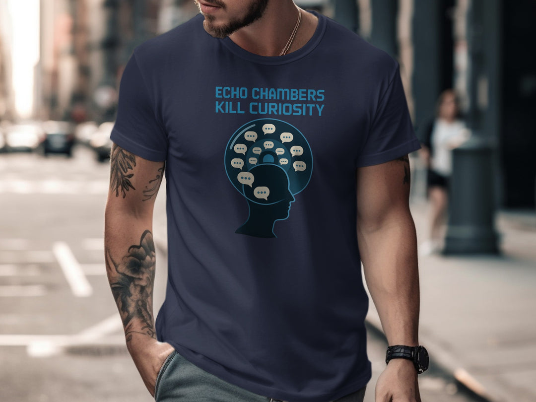 echo chambers kill curiosity design with chat bubbles — men’s t-shirt