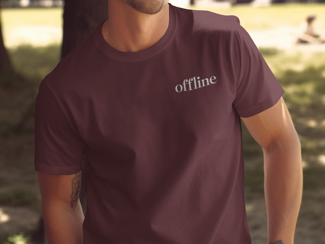 offline t-shirt—minimal type in corner on black men’s tee