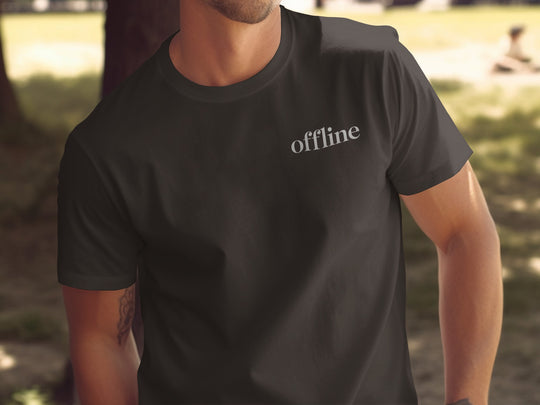 offline t-shirt—minimal type in corner on black men’s tee