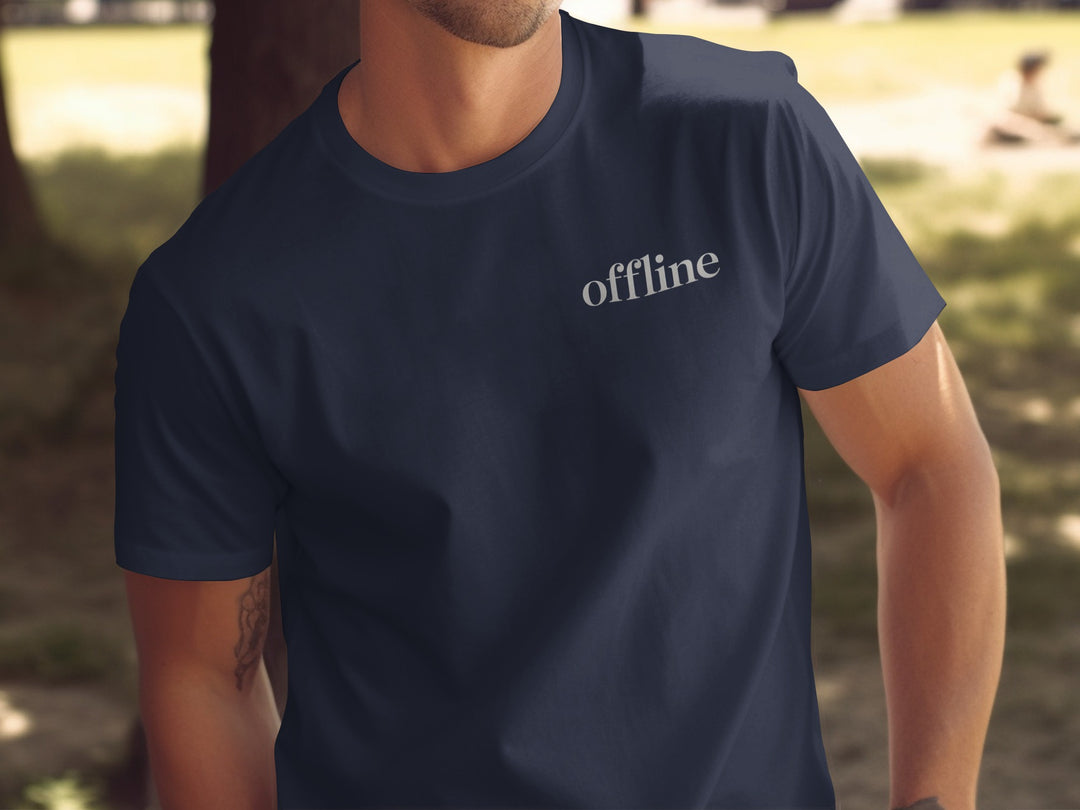 offline t-shirt—minimal type in corner on black men’s tee
