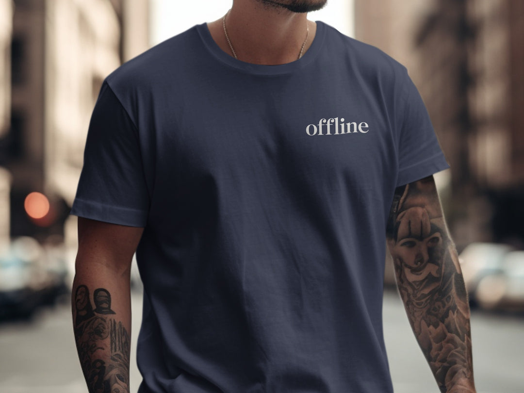 offline t-shirt—minimal type in corner on black men’s tee