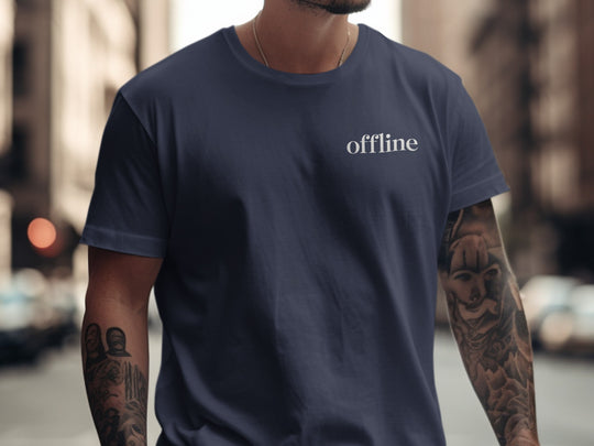 offline t-shirt—minimal type in corner on black men’s tee