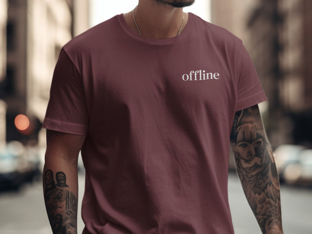 offline t-shirt—minimal type in corner on black men’s tee