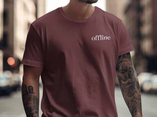offline t-shirt—minimal type in corner on black men’s tee