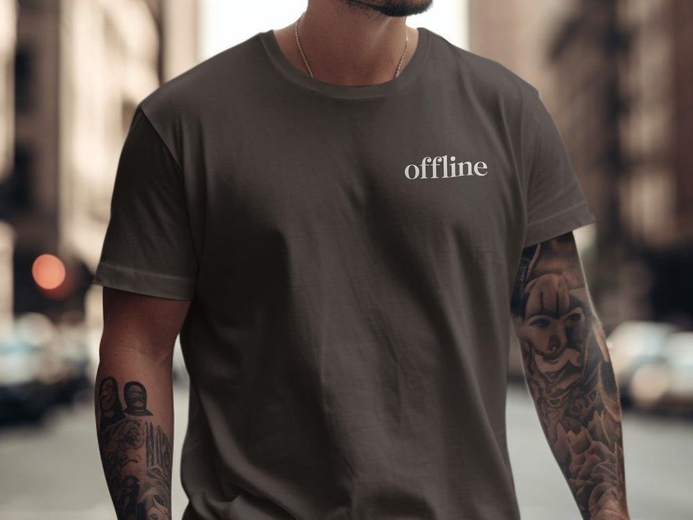 offline t-shirt—minimal type in corner on black men’s tee