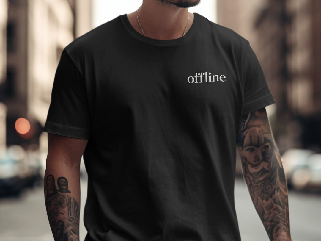 offline t-shirt—minimal type in corner on black men’s tee