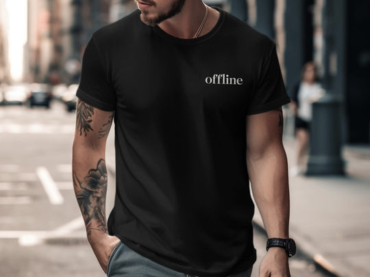 offline t-shirt—minimal type in corner on black men’s tee