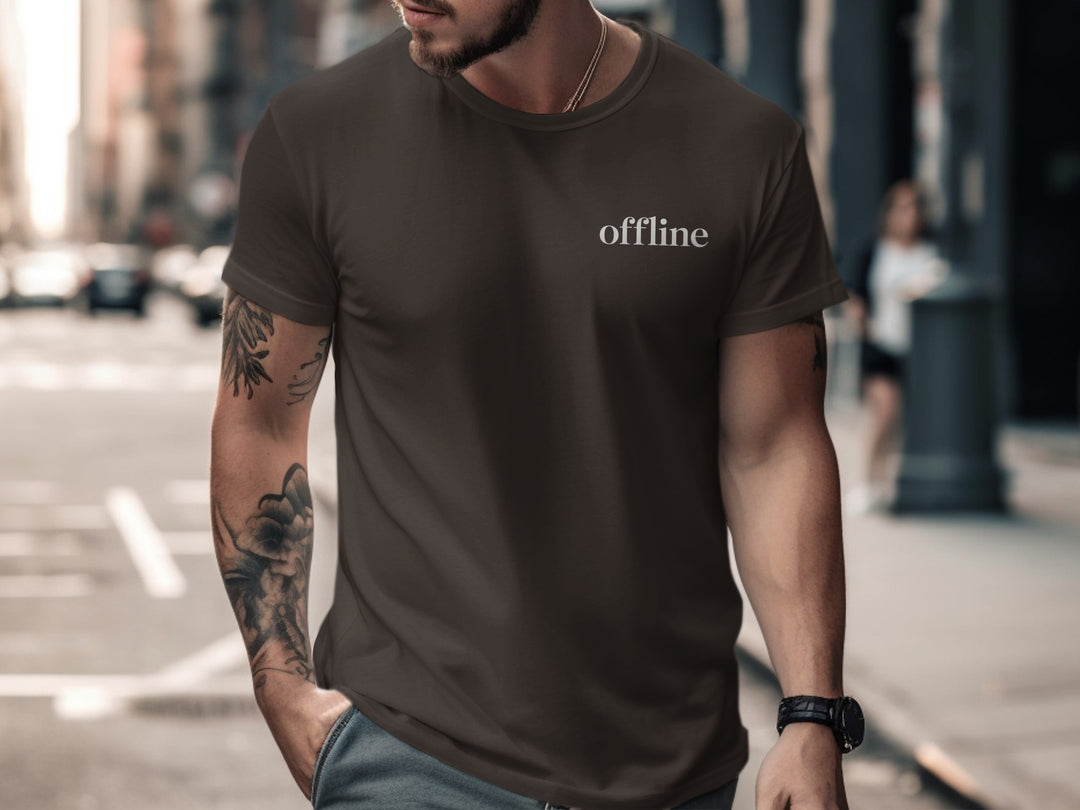 offline t-shirt—minimal type in corner on black men’s tee