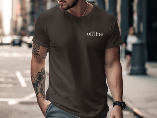 offline t-shirt—minimal type in corner on black men’s tee