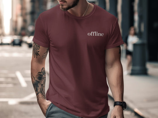offline t-shirt—minimal type in corner on black men’s tee