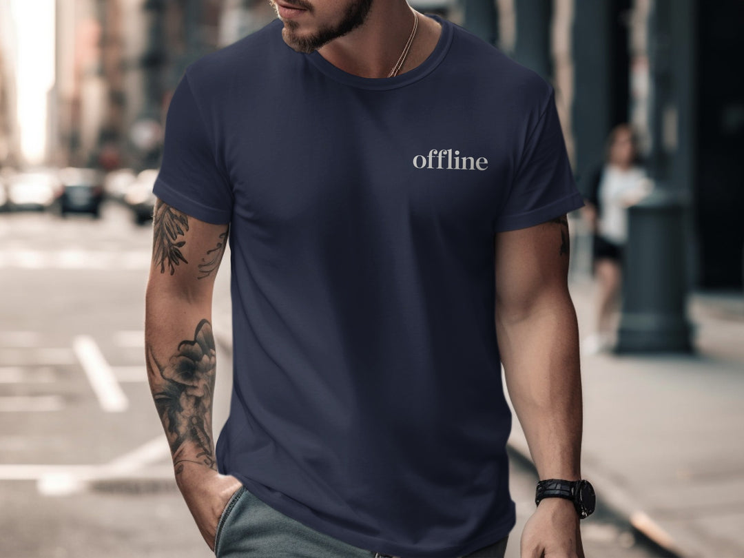offline t-shirt—minimal type in corner on black men’s tee