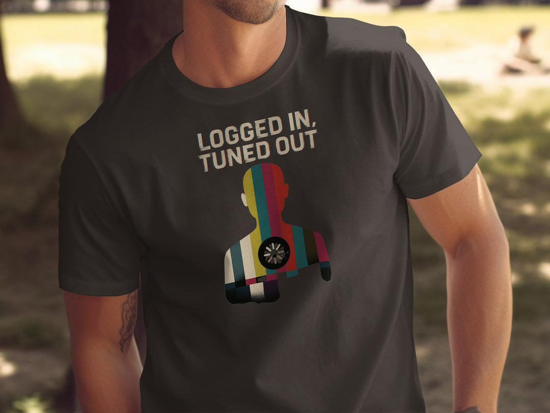 logged in tuned out t-shirt with retro colour-bar silhouette and dial — men’s tee