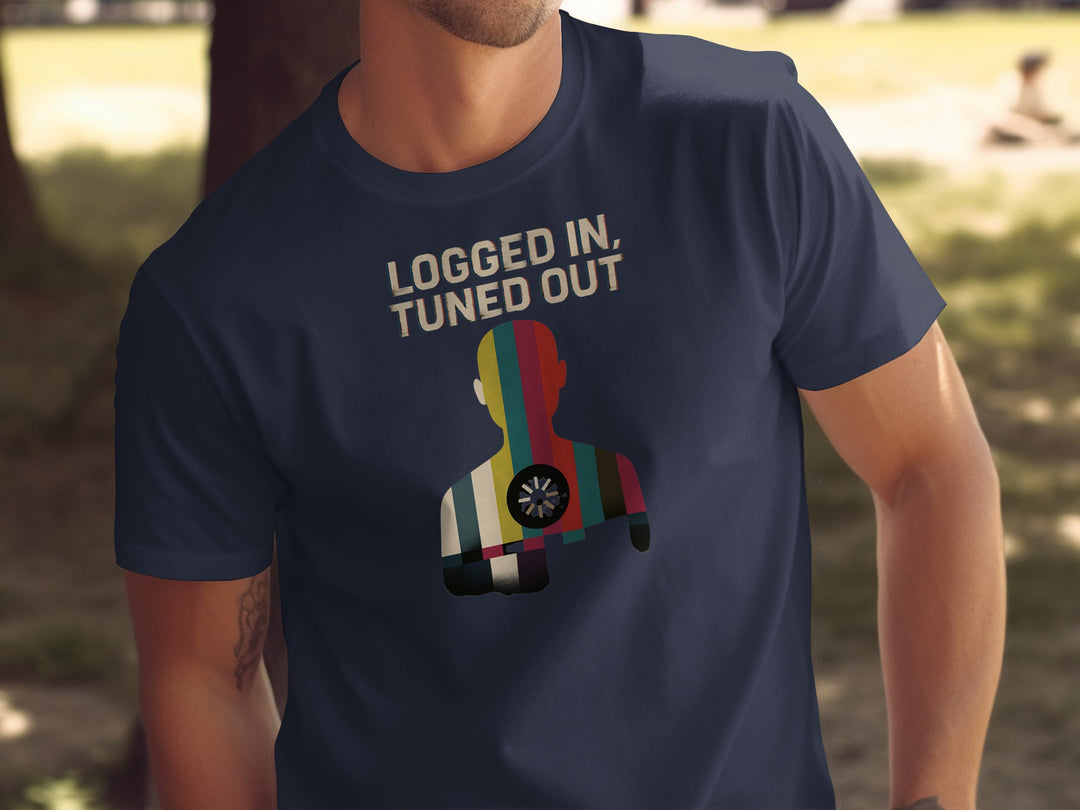 logged in tuned out t-shirt with retro colour-bar silhouette and dial — men’s tee