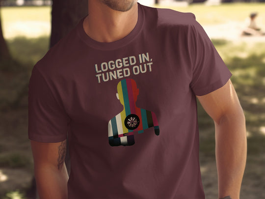 logged in tuned out t-shirt with retro colour-bar silhouette and dial — men’s tee