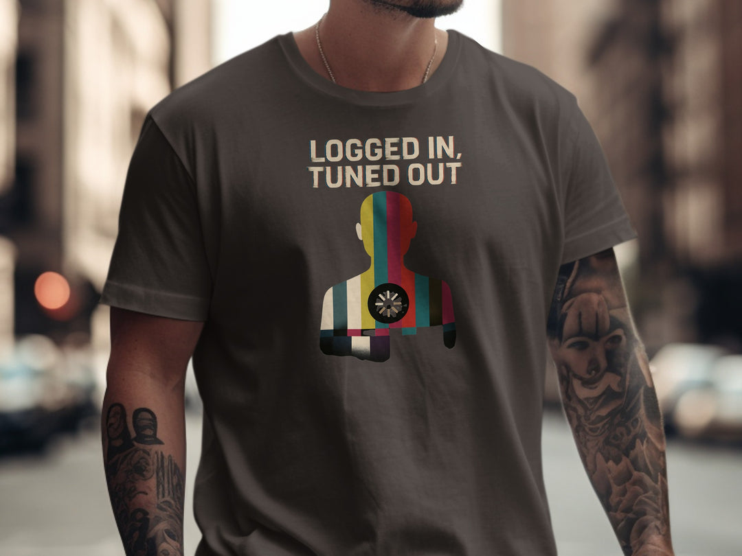 logged in tuned out t-shirt with retro colour-bar silhouette and dial — men’s tee