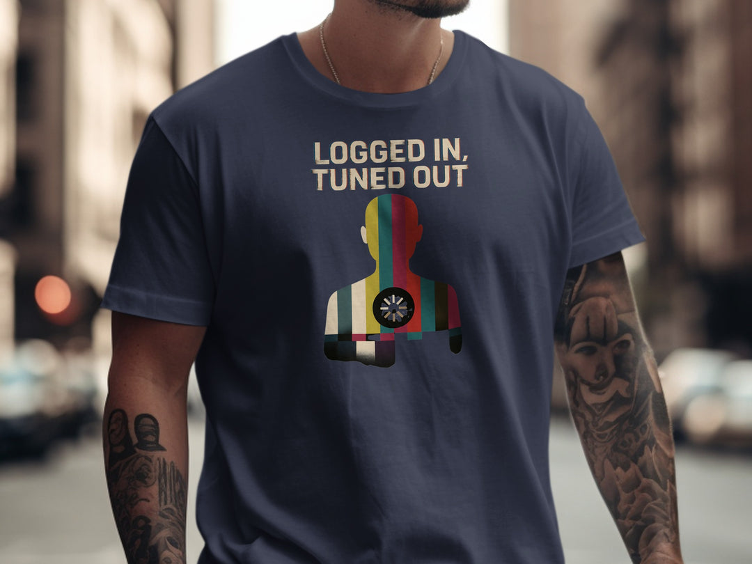 logged in tuned out t-shirt with retro colour-bar silhouette and dial — men’s tee