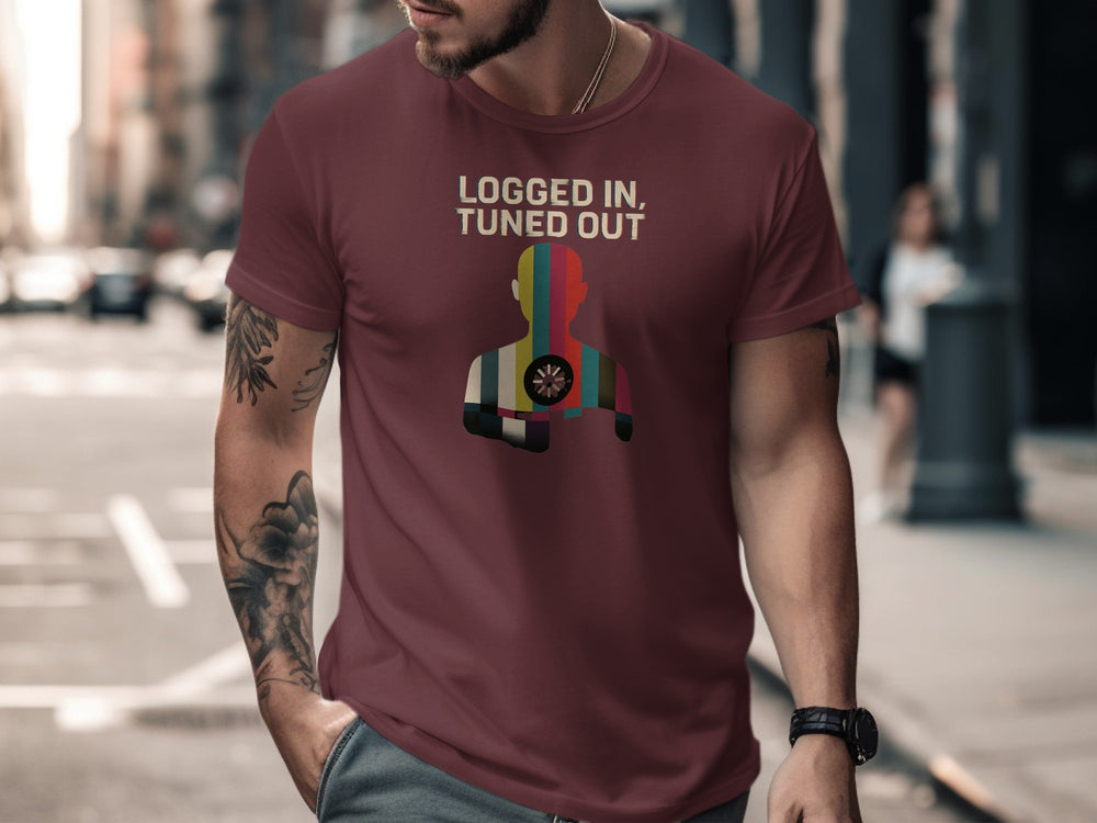 logged in tuned out t-shirt with retro colour-bar silhouette and dial — men’s tee