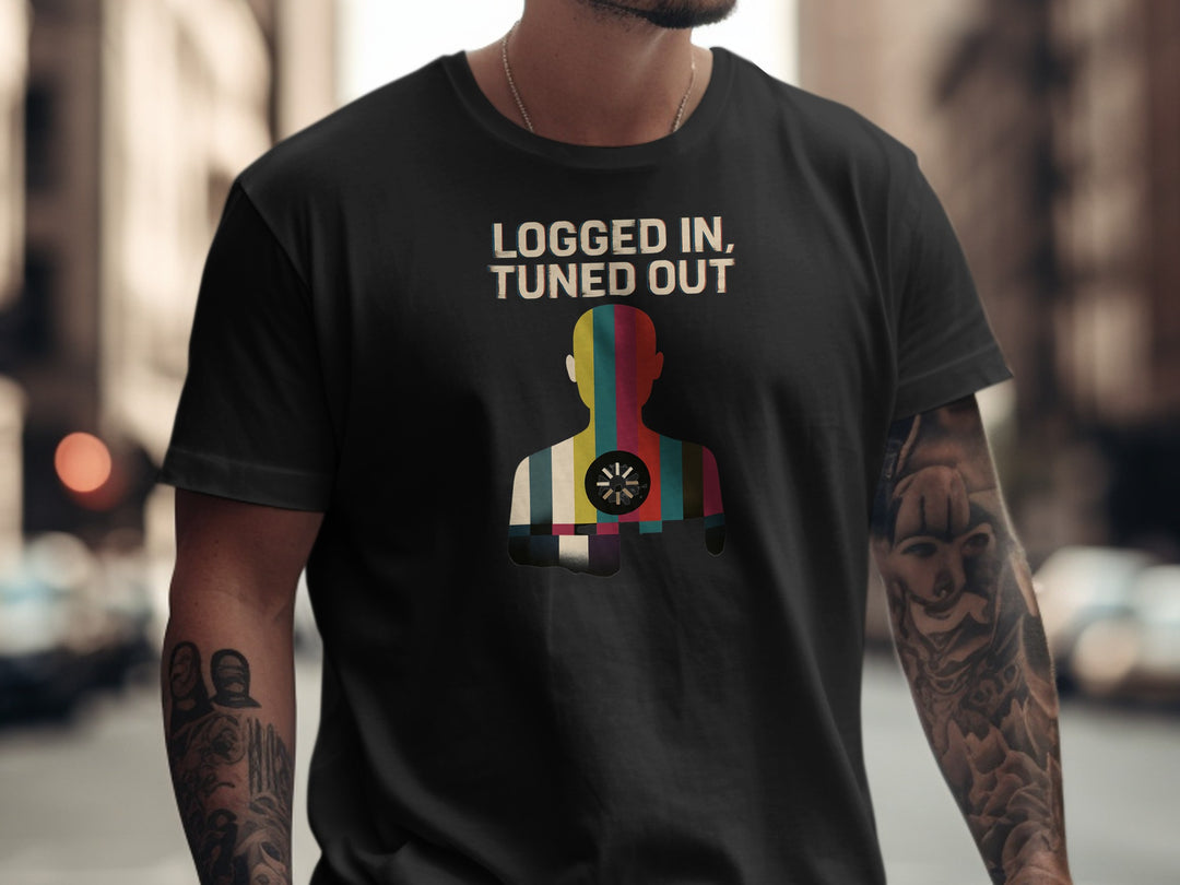 logged in tuned out t-shirt with retro colour-bar silhouette and dial — men’s tee