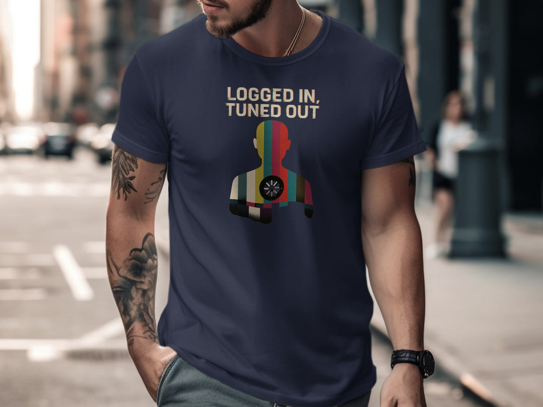 logged in tuned out t-shirt with retro colour-bar silhouette and dial — men’s tee