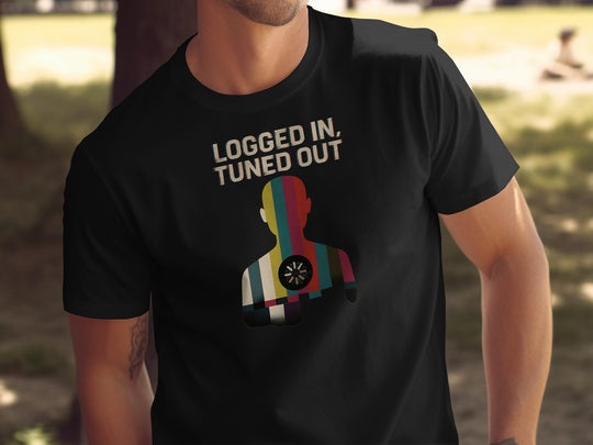 logged in tuned out t-shirt with retro colour-bar silhouette and dial — men’s tee