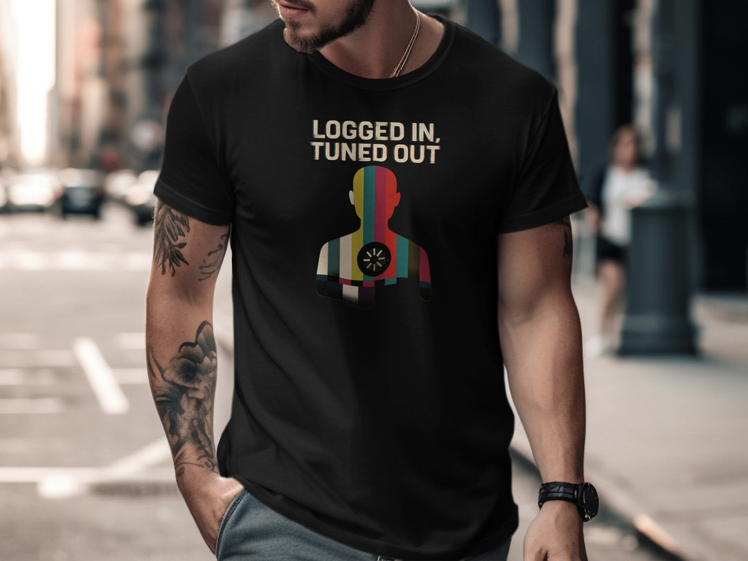 logged in tuned out t-shirt with retro colour-bar silhouette and dial — men’s tee