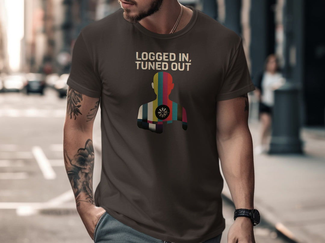 logged in tuned out t-shirt with retro colour-bar silhouette and dial — men’s tee