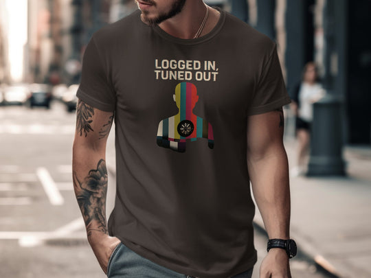 logged in tuned out t-shirt with retro colour-bar silhouette and dial — men’s tee